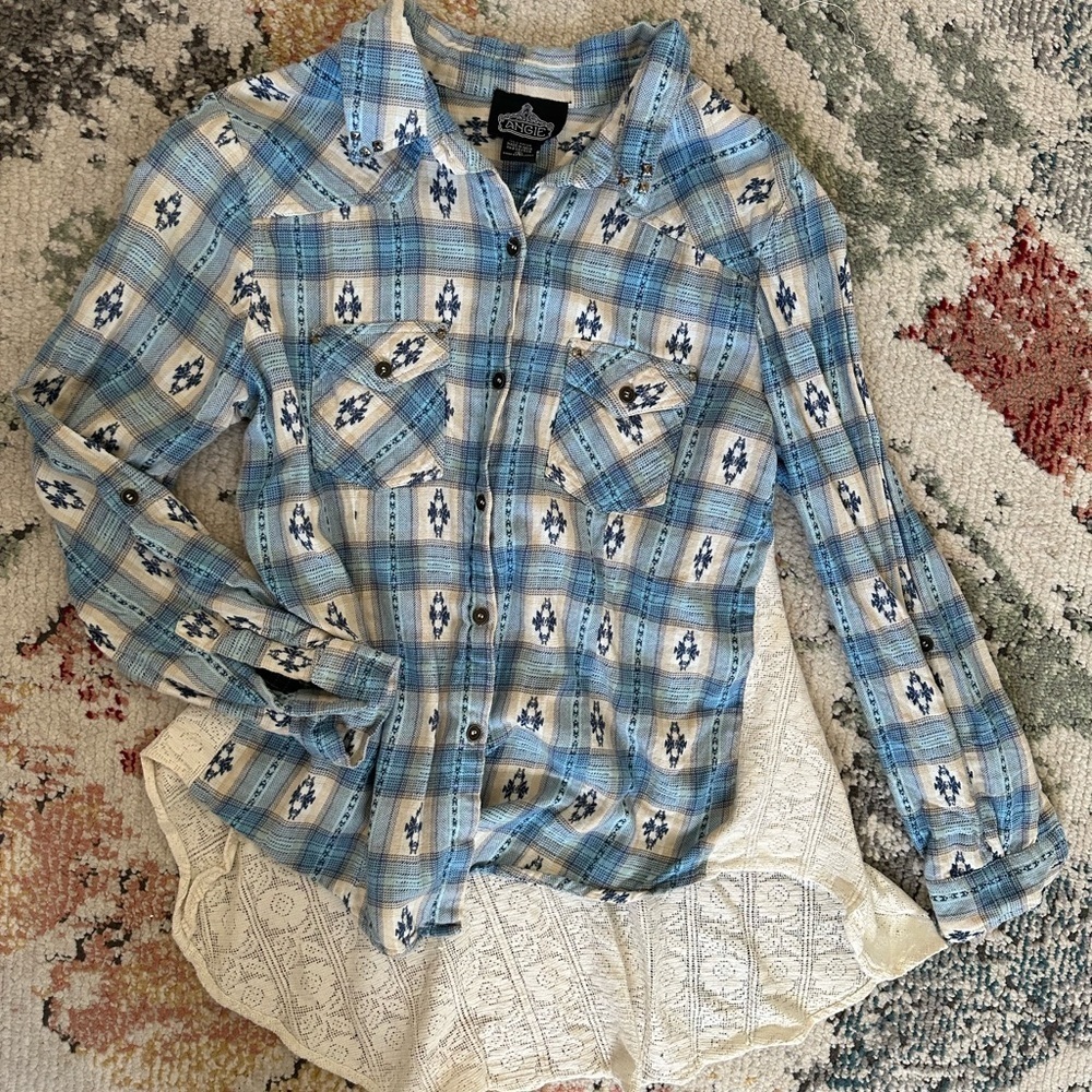VTG 90s Angie Women S Southwestern Button Up Top Lace Peplum Blue Plaid Boho - Picture 14 of 15